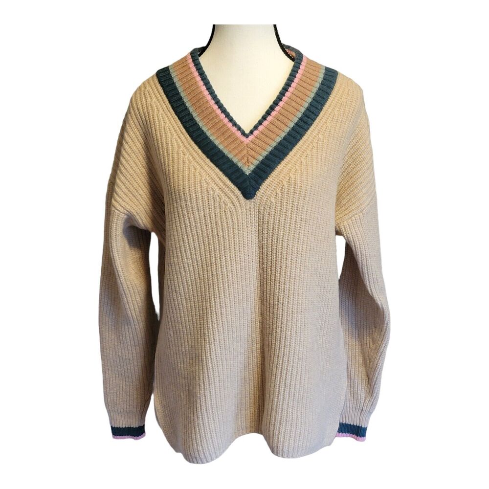 Madewell V-Neck Sweater in Cream with Multicolor Trim